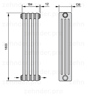 Схема (чертеж) Радиатор Zehnder Charleston 4180/4 №2670 Белый глянцевый RAL 9016